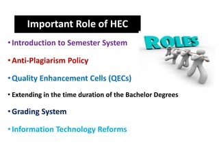 Important Role of HEC
•Introduction to Semester System
•Anti-Plagiarism Policy
•Quality Enhancement Cells (QECs)
• Extending in the time duration of the Bachelor Degrees
•Grading System
•Information Technology Reforms
 