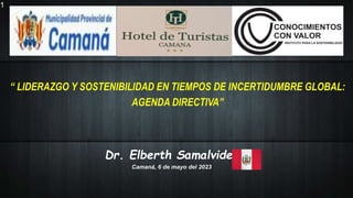 Dr. Elberth Samalvides
Camaná, 6 de mayo del 2023
1
“ LIDERAZGO Y SOSTENIBILIDAD EN TIEMPOS DE INCERTIDUMBRE GLOBAL:
AGENDA DIRECTIVA”
 