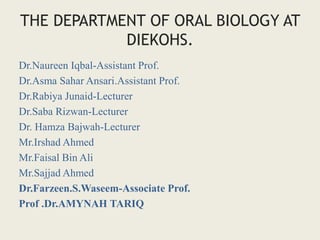 THE DEPARTMENT OF ORAL BIOLOGY AT
DIEKOHS.
Dr.Naureen Iqbal-Assistant Prof.
Dr.Asma Sahar Ansari.Assistant Prof.
Dr.Rabiya Junaid-Lecturer
Dr.Saba Rizwan-Lecturer
Dr. Hamza Bajwah-Lecturer
Mr.Irshad Ahmed
Mr.Faisal Bin Ali
Mr.Sajjad Ahmed
Dr.Farzeen.S.Waseem-Associate Prof.
Prof .Dr.AMYNAH TARIQ
 