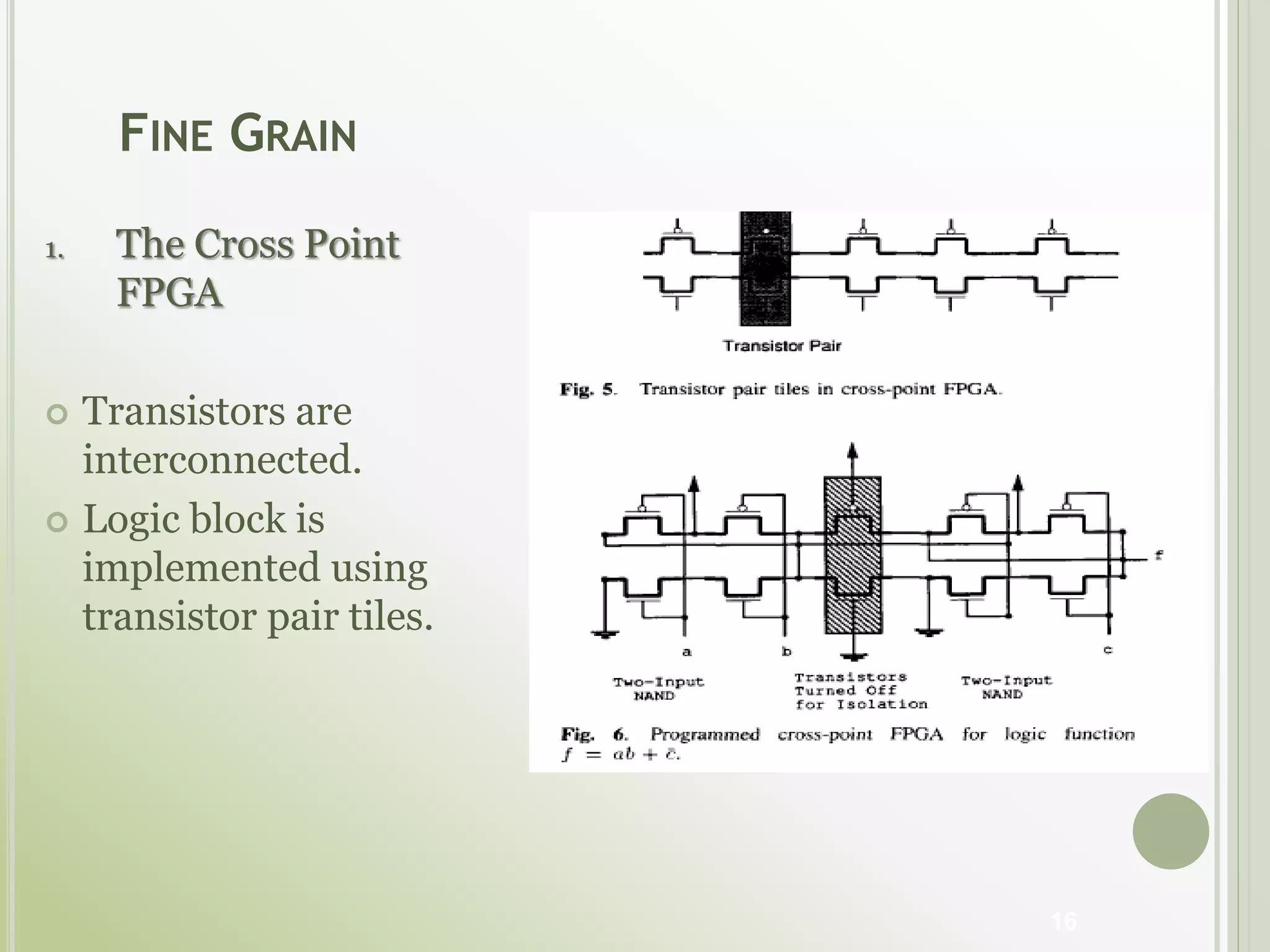 FINE GRAIN
1. The Cross Point
FPGA
 Transistors are
interconnected.
 Logic block is
implemented using
transistor pair tiles.
16
 
