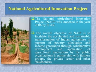 National Agricultural Innovation Project
 The National Agricultural Innovation
Project (NAIP) was launched in the year
2006 by ICAR.
 The overall objective of NAIP is to
facilitate the accelerated and sustainable
transformation of Indian agriculture in
support of poverty alleviation and
income generation through collaborative
development and application of
agricultural innovations by the public
organizations in partnership with farmers
groups, the private sector and other
stakeholders.
 