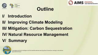 Leveraging Artificial Intelligence (AI) & Satellite Remote Sensing Data for Decision-making in the African
Agricultural Sector
Outline
I/ Introduction
II/ Improving Climate Modeling
III/ Mitigation: Carbon Sequestration
IV/ Natural Resource Management
V/ Summary
 