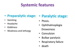 Systemic features
• Preparalytic stage:
• Vomiting
• Headache
• Giddiness
• Weakness and lethargy
• Paralytic stage:
• Ptosis.
• Ophthalmoplegia
Drowsiness
• Convulsion
• Bulbar paralysis
• Respiratory failure
• death
 
