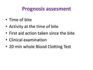 Prognosis assesment
• Time of bite
• Activity at the time of bite
• First aid action taken since the bite
• Clinical examination
• 20 min whole Blood Clotting Test
 