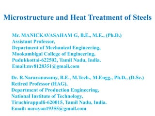 Microstructure and Heat Treatment of Steels
Dr. R.Narayanasamy, B.E., M.Tech., M.Engg., Ph.D., (D.Sc.)
Retired Professor (HAG),
Department of Production Engineering,
National Institute of Technology,
Tiruchirappalli-620015, Tamil Nadu, India.
Email: narayan19355@gmail.com
Mr. MANICKAVASAHAM G, B.E., M.E., (Ph.D.)
Assistant Professor,
Department of Mechanical Engineering,
Mookambigai College of Engineering,
Pudukkottai-622502, Tamil Nadu, India.
Email:mv8128351@gmail.com
 