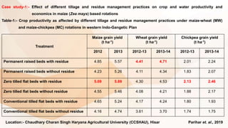 Case study-1:- Effect of different tillage and residue management practices on crop and water productivity and
economics in maize (Zea mays) based rotations
Table-1:- Crop productivity as affected by different tillage and residue management practices under maize-wheat (MW)
and maize-chickpea (MC) rotations in western Indo-Gangetic Plan
Treatment
Maize grain yield
(t ha-1)
Wheat grain yield
(t ha-1)
Chickpea grain yield
(t ha-1)
2012 2013 2012-13 2013-14 2012-13 2013-14
Permanent raised beds with residue 4.85 5.57 4.41 4.71 2.01 2.24
Permanent raised beds without residue 4.23 5.26 4.11 4.34 1.83 2.07
Zero tilled flat beds with residue 5.09 5.89 4.30 4.53 2.13 2.46
Zero tilled flat beds without residue 4.55 5.46 4.08 4.21 1.88 2.17
Conventional tilled flat beds with residue 4.65 5.24 4.17 4.24 1.80 1.93
Conventional tilled flat beds without residue 4.16 4.74 3.61 3.70 1.74 1.75
Location:- Chaudhary Charan Singh Haryana Agricultural University (CCSHAU), Hisar Parihar et. al., 2019
 