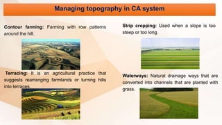 Managing topography in CA system
Contour farming: Farming with row patterns
around the hill.
Terracing: It is an agricultural practice that
suggests rearranging farmlands or turning hills
into terraces.
Strip cropping: Used when a slope is too
steep or too long.
Waterways: Natural drainage ways that are
converted into channels that are planted with
grass.
 