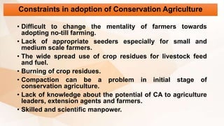 Constraints in adoption of Conservation Agriculture
• Difficult to change the mentality of farmers towards
adopting no-till farming.
• Lack of appropriate seeders especially for small and
medium scale farmers.
• The wide spread use of crop residues for livestock feed
and fuel.
• Burning of crop residues.
• Compaction can be a problem in initial stage of
conservation agriculture.
• Lack of knowledge about the potential of CA to agriculture
leaders, extension agents and farmers.
• Skilled and scientific manpower.
 