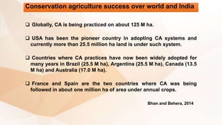 Conservation agriculture success over world and India
Bhan and Behera, 2014
 Globally, CA is being practiced on about 125 M ha.
 USA has been the pioneer country in adopting CA systems and
currently more than 25.5 million ha land is under such system.
 Countries where CA practices have now been widely adopted for
many years in Brazil (25.5 M ha), Argentina (25.5 M ha), Canada (13.5
M ha) and Australia (17.0 M ha).
 France and Spain are the two countries where CA was being
followed in about one million ha of area under annual crops.
 