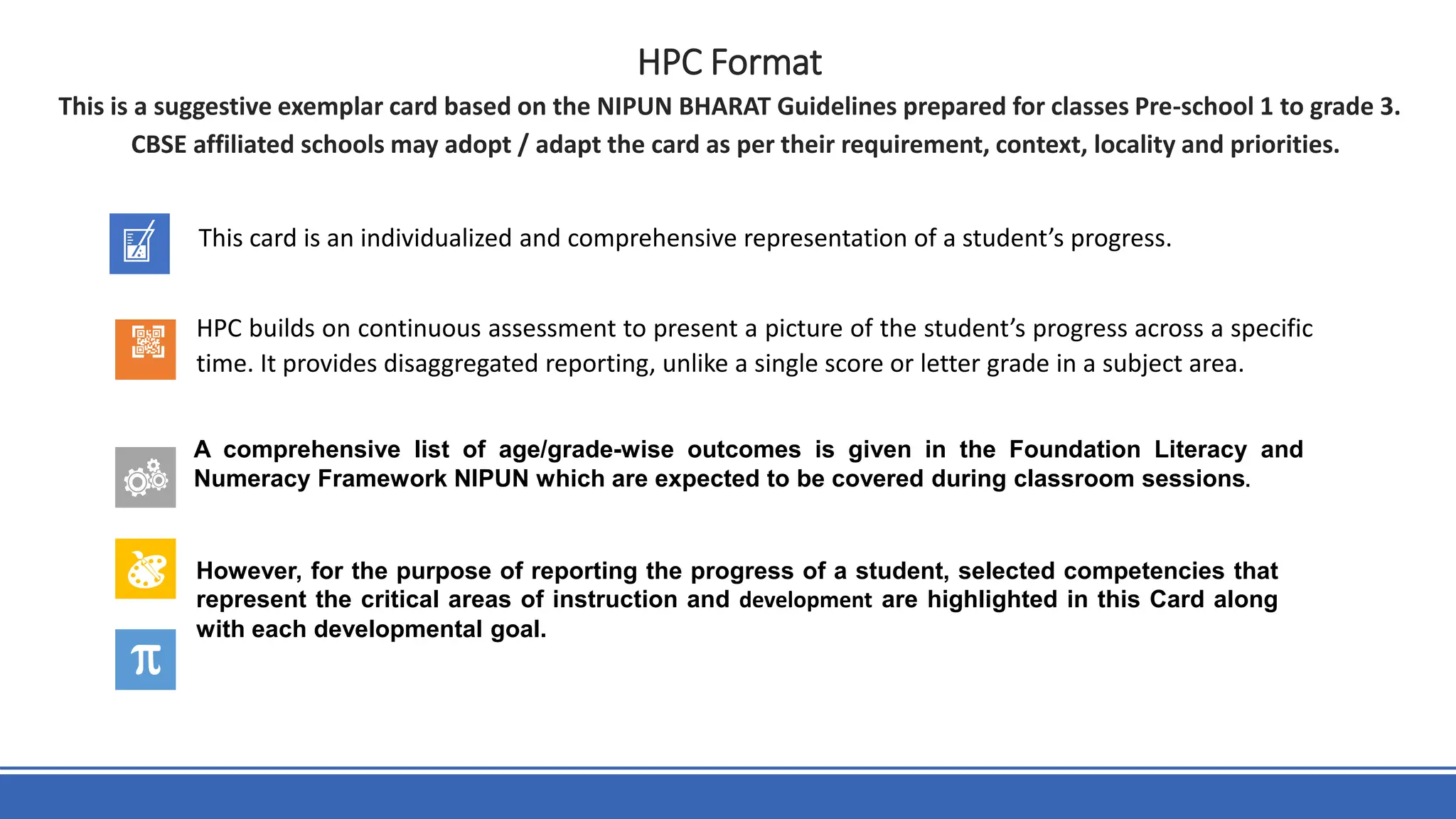 HPC Format
This is a suggestive exemplar card based on the NIPUN BHARAT Guidelines prepared for classes Pre-school 1 to grade 3.
CBSE affiliated schools may adopt / adapt the card as per their requirement, context, locality and priorities.
This card is an individualized and comprehensive representation of a student’s progress.
HPC builds on continuous assessment to present a picture of the student’s progress across a specific
time. It provides disaggregated reporting, unlike a single score or letter grade in a subject area.
A comprehensive list of age/grade-wise outcomes is given in the Foundation Literacy and
Numeracy Framework NIPUN which are expected to be covered during classroom sessions.
However, for the purpose of reporting the progress of a student, selected competencies that
represent the critical areas of instruction and development are highlighted in this Card along
with each developmental goal.
 
