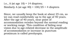 i.e., A (at age 10) = 14 dioptres;
Similarly A (at age 40) = 100/25 = 4 diopters
Since, we usually keep the book at about 25 cm, so
we can read comfortably up to the age of 40 years.
After the age of 40 years, near point of
accommodation recedes beyond the normal reading
or working range. This condition of failing near
vision due to age-related decrease in the amplitude
of accommodation or increase in punctum
proximum is called presbyopia.
 