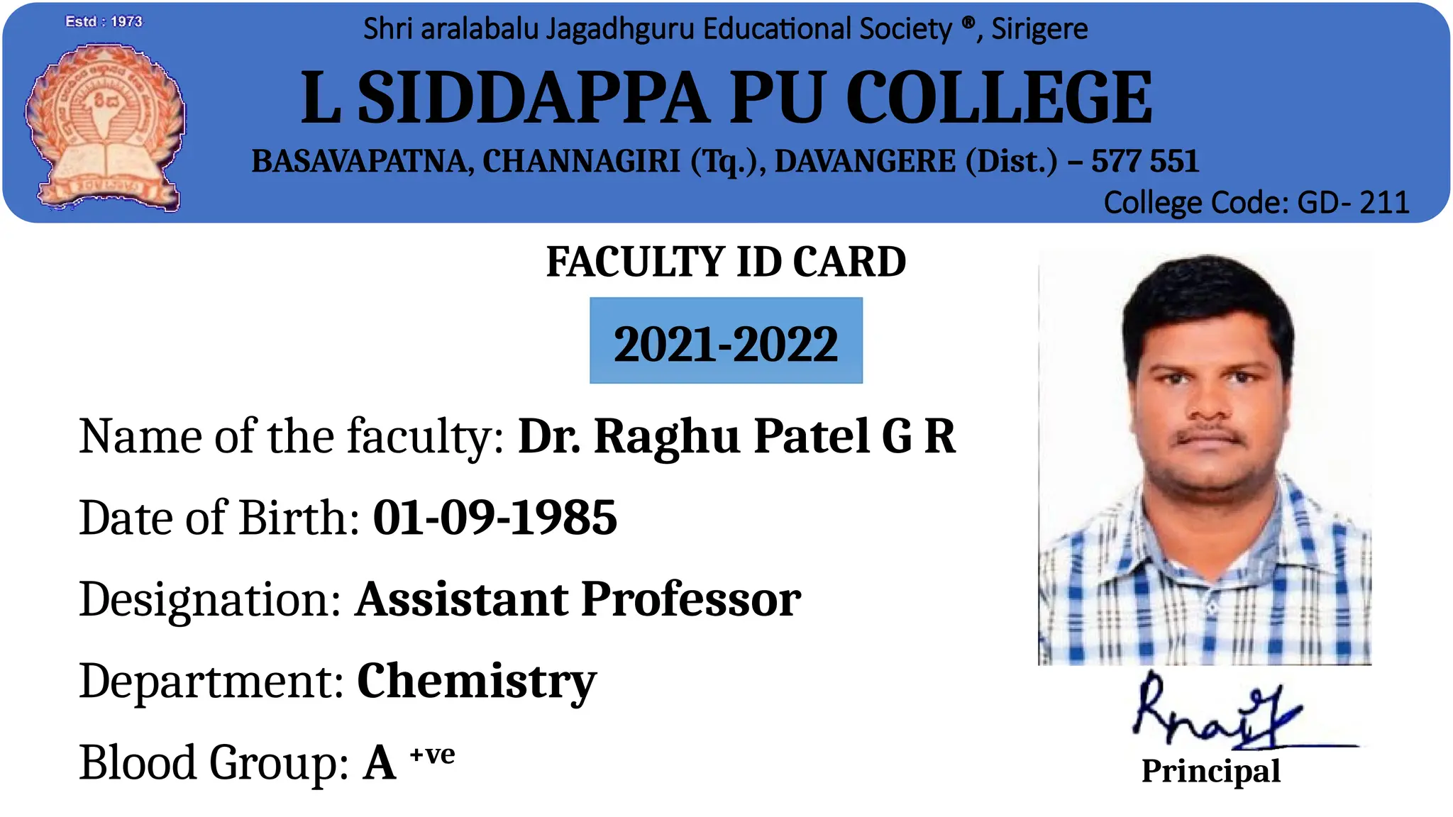 Dr. Raghu Patel G C avara ID Card for Siddappa college.pptx