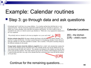 Example: Calendar routines
 Step 3: go through data and ask questions
Continue for the remaining questions….
[KI]
Calendar Locations:
[KI] – the kitchen
[CR] – child’s room
[CR]
60
 
