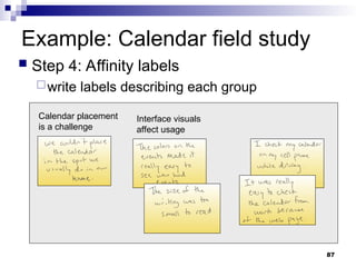 Example: Calendar field study
 Step 4: Affinity labels
write labels describing each group
Calendar placement
is a challenge
Interface visuals
affect usage
87
 