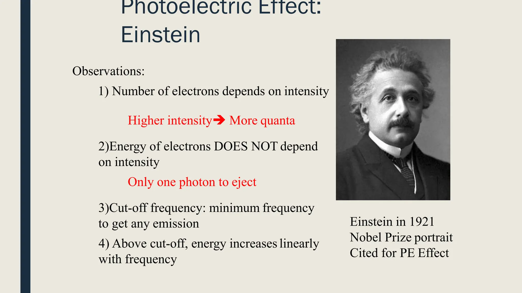 Photoelectric Effect:
Einstein
4) Above cut-off, energy increases linearly
with frequency
Observations:
1) Number of electrons depends on intensity
Higher intensity➔ More quanta
2)Energy of electrons DOES NOT depend
on intensity
Only one photon to eject
3)Cut-off frequency: minimum frequency
to get any emission Einstein in 1921
Nobel Prize portrait
Cited for PE Effect
 