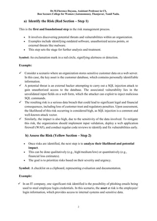 Dr.M.Florence Dayana, Assistant Professor in CS,
Bon Secours College for Women (Autonomous), Thanjavur, Tamil Nadu.
2
a) Identify the Risk (Red Section – Step 1)
This is the first and foundational step in the risk management process.
 It involves discovering potential threats and vulnerabilities within an organization.
 Examples include identifying outdated software, unauthorized access points, or
external threats like malware.
 This step sets the stage for further analysis and treatment.
Symbol: An exclamation mark in a red circle, signifying alertness or detection.
Example:
 Consider a scenario where an organization stores sensitive customer data on a web server.
In this case, the key asset is the customer database, which contains personally identifiable
information.
 A potential threat is an external hacker attempting to carry out a SQL injection attack to
gain unauthorized access to the database. The associated vulnerability lies in the
unvalidated input fields on a web form, which the attacker can exploit to inject malicious
SQL commands.
 The resulting risk is a serious data breach that could lead to significant legal and financial
consequences, including loss of customer trust and regulatory penalties. Upon assessment,
the likelihood of this risk occurring is considered high, as SQL injection is a common and
well-known attack vector.
 Similarly, the impact is also high, due to the sensitivity of the data involved. To mitigate
this risk, the organization should implement input validation, deploy a web application
firewall (WAF), and conduct regular code reviews to identify and fix vulnerabilities early.
b) Assess the Risk (Yellow Section – Step 2)
 Once risks are identified, the next step is to analyze their likelihood and potential
impact.
 This can be done qualitatively (e.g., high/medium/low) or quantitatively (e.g.,
financial loss estimates).
 The goal is to prioritize risks based on their severity and urgency.
Symbol: A checklist on a clipboard, representing evaluation and documentation.
Example:
 In an IT company, one significant risk identified is the possibility of phishing emails being
used to steal employee login credentials. In this scenario, the asset at risk is the employees'
login information, which provides access to internal systems and sensitive data.
 
