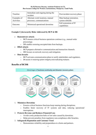 Dr.M.Florence Dayana, Assistant Professor in CS,
Bon Secours College for Women (Autonomous), Thanjavur, Tamil Nadu.
8
Timeline
Immediate and ongoing during the
incident
Post-incident recovery phase
Examples of
Activities
Alternate work locations, manual
processes, communications
Data backup restoration,
system rebuilds
Outcome Minimized operational downtime
Full restoration of IT
capabilities
Example Cybersecurity Risks Addressed by BCP & DR
 Ransomware attack:
o BCP ensures critical business operations continue (e.g., manual order
processing).
o DR enables restoring encrypted data from backups.
 DDoS attack:
o BCP prepares alternative communication and transaction channels.
o DR focuses on network recovery and mitigation.
 Data breach:
o BCP activates communication plans to notify stakeholders and regulators.
o DR assists in restoring system integrity and eradicating malware.
Benefits of BCDR
1. Minimizes Downtime
o Ensures critical business functions keep running during disruptions.
o Enables faster recovery of IT systems and data, reducing operational
interruptions.
2. Protects Revenue and Reduces Financial Loss
o Avoids costly production halts or lost sales caused by downtime.
o Helps prevent penalties from regulatory non-compliance after breaches.
3. Safeguards Reputation and Customer Trust
o Demonstrates reliability and preparedness to clients and partners.
 