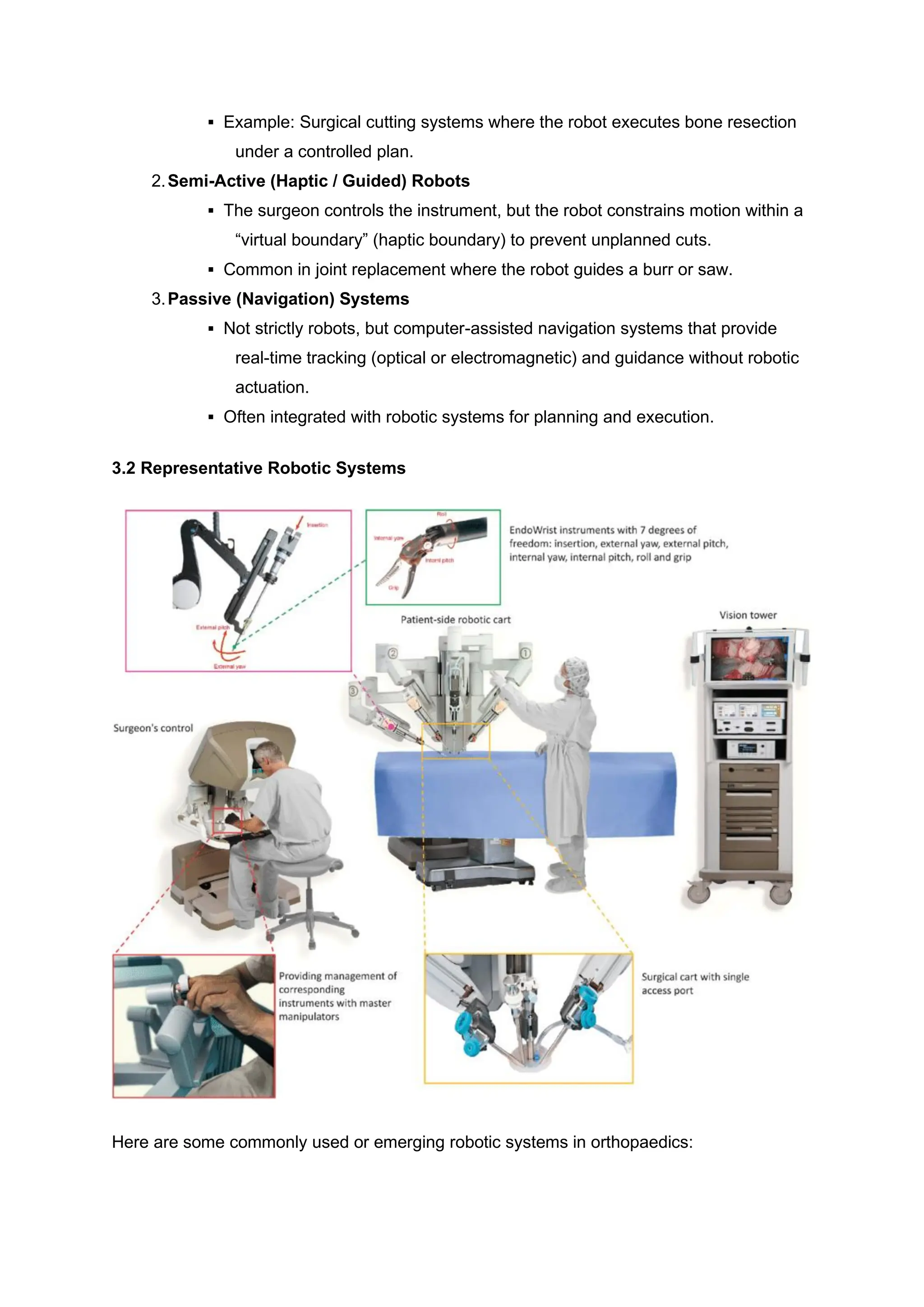 ▪ Example: Surgical cutting systems where the robot executes bone resection
under a controlled plan.
2.Semi-Active (Haptic / Guided) Robots
▪ The surgeon controls the instrument, but the robot constrains motion within a
“virtual boundary” (haptic boundary) to prevent unplanned cuts.
▪ Common in joint replacement where the robot guides a burr or saw.
3.Passive (Navigation) Systems
▪ Not strictly robots, but computer-assisted navigation systems that provide
real-time tracking (optical or electromagnetic) and guidance without robotic
actuation.
▪ Often integrated with robotic systems for planning and execution.
3.2 Representative Robotic Systems
Here are some commonly used or emerging robotic systems in orthopaedics:
 