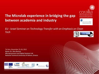 The Microlab experience in bridging the gap
between academia and industry

EU - Israel Seminar on Technology Transfer with an Emphasis on Clean
Tech




Tel Aviv, November 25-26, 2012
Name: Dr. Alex Bartzas
Microprocessors and Digital Systems Lab
National Technical University of Athens, Greece
 