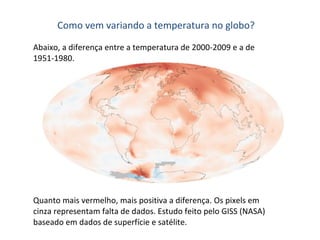 Como vem variando a temperatura no globo? Abaixo, a diferença entre a temperatura de 2000-2009 e a de 1951-1980.  Quanto mais vermelho, mais positiva a diferença. Os pixels em cinza representam falta de dados. Estudo feito pelo GISS (NASA) baseado em dados de superfície e satélite. 