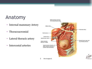 Anatomy
• Internal mammary Artery

• Thoracoacromial

• Lateral thoracic artery

• Intercostal arteries
 
