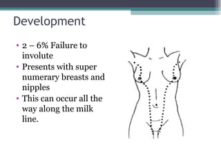 Development
• 2 – 6% Failure to
  involute
• Presents with super
  numerary breasts and
  nipples
• This can occur all the
  way along the milk
  line.
 