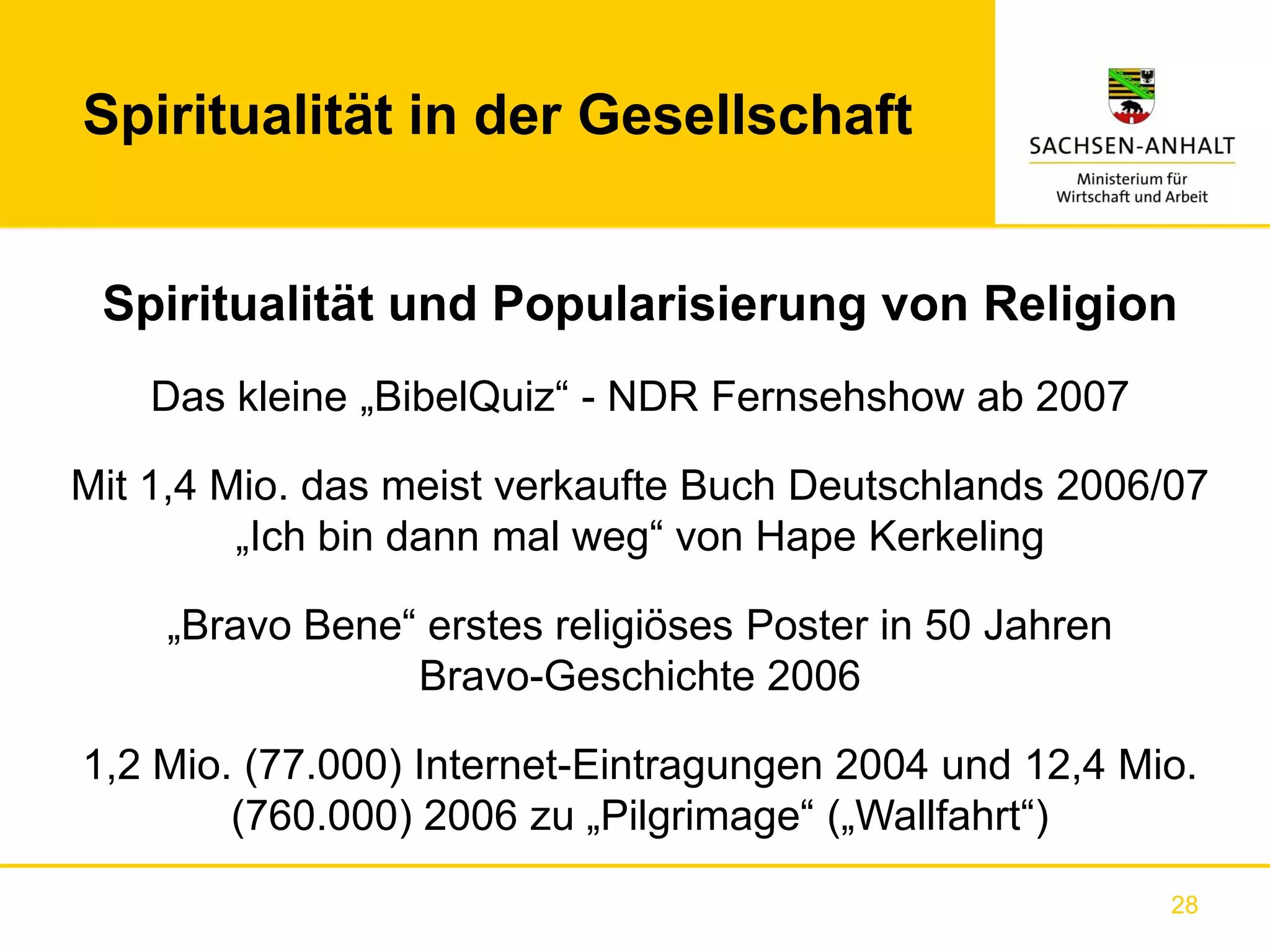 Spiritualität in der Gesellschaft


 Spiritualität und Popularisierung von Religion
    Das kleine „BibelQuiz“ - NDR Fernsehshow ab 2007

Mit 1,4 Mio. das meist verkaufte Buch Deutschlands 2006/07
         „Ich bin dann mal weg“ von Hape Kerkeling

    „Bravo Bene“ erstes religiöses Poster in 50 Jahren
                Bravo-Geschichte 2006

1,2 Mio. (77.000) Internet-Eintragungen 2004 und 12,4 Mio.
        (760.000) 2006 zu „Pilgrimage“ („Wallfahrt“)
                                                         28
 
