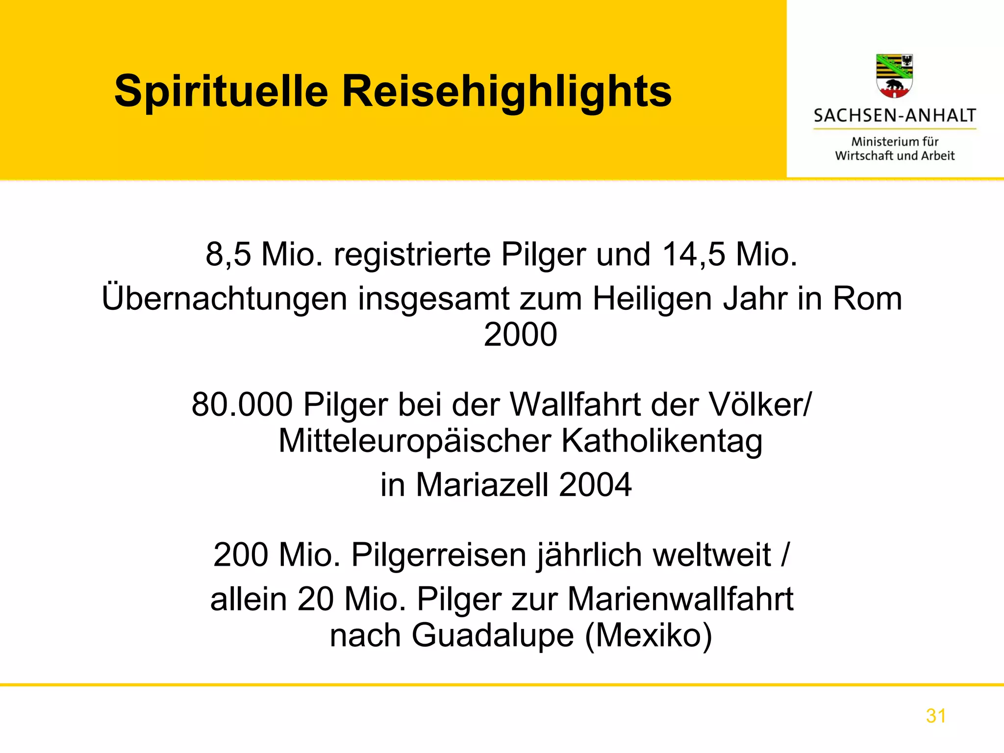 Spirituelle Reisehighlights


      8,5 Mio. registrierte Pilger und 14,5 Mio.
Übernachtungen insgesamt zum Heiligen Jahr in Rom
                           2000

     80.000 Pilger bei der Wallfahrt der Völker/
          Mitteleuropäischer Katholikentag
                 in Mariazell 2004

      200 Mio. Pilgerreisen jährlich weltweit /
      allein 20 Mio. Pilger zur Marienwallfahrt
               nach Guadalupe (Mexiko)

                                                    31
 
