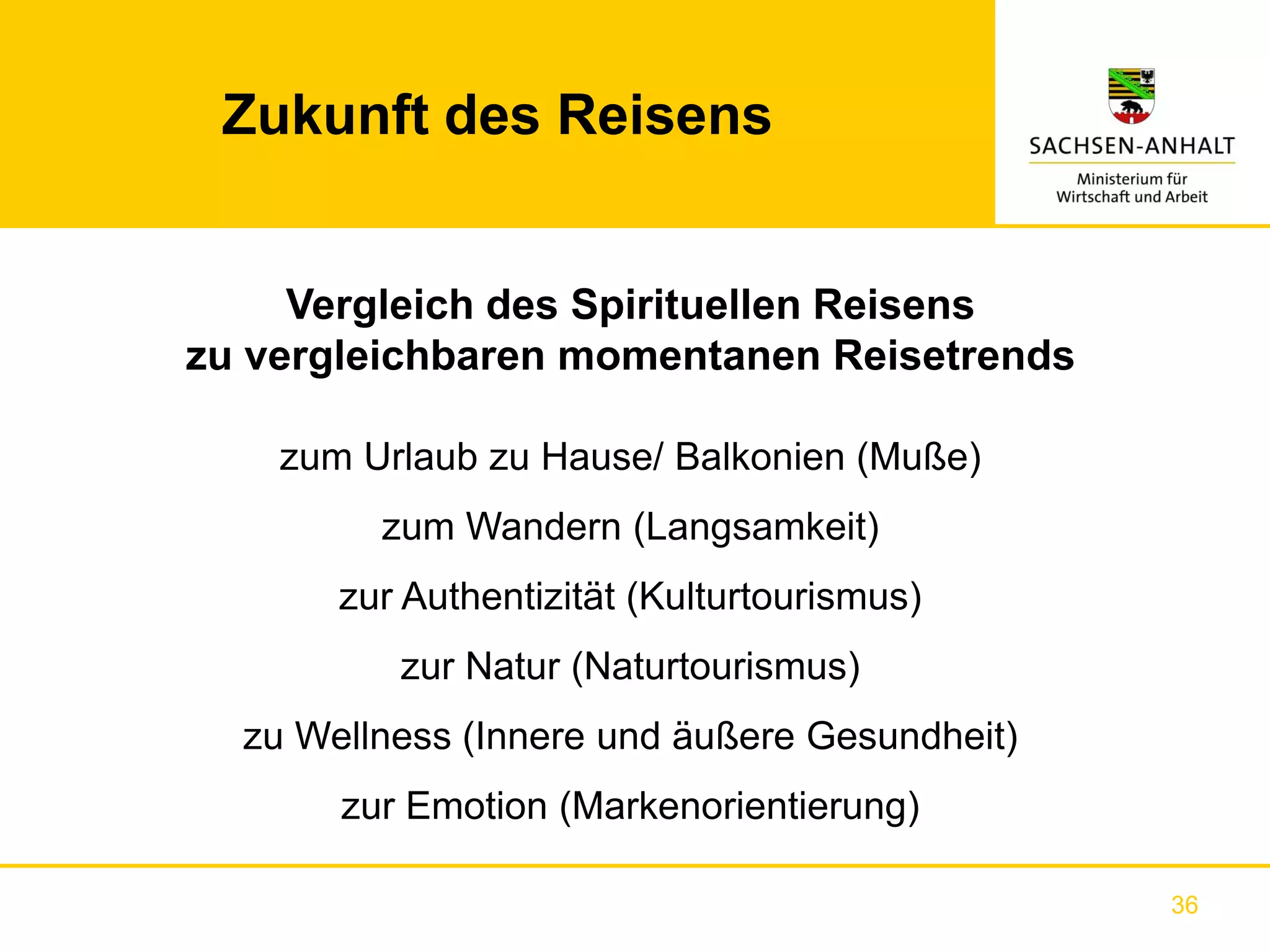 Zukunft des Reisens


     Vergleich des Spirituellen Reisens
zu vergleichbaren momentanen Reisetrends

    zum Urlaub zu Hause/ Balkonien (Muße)
         zum Wandern (Langsamkeit)
       zur Authentizität (Kulturtourismus)
          zur Natur (Naturtourismus)
  zu Wellness (Innere und äußere Gesundheit)
       zur Emotion (Markenorientierung)

                                               36
 