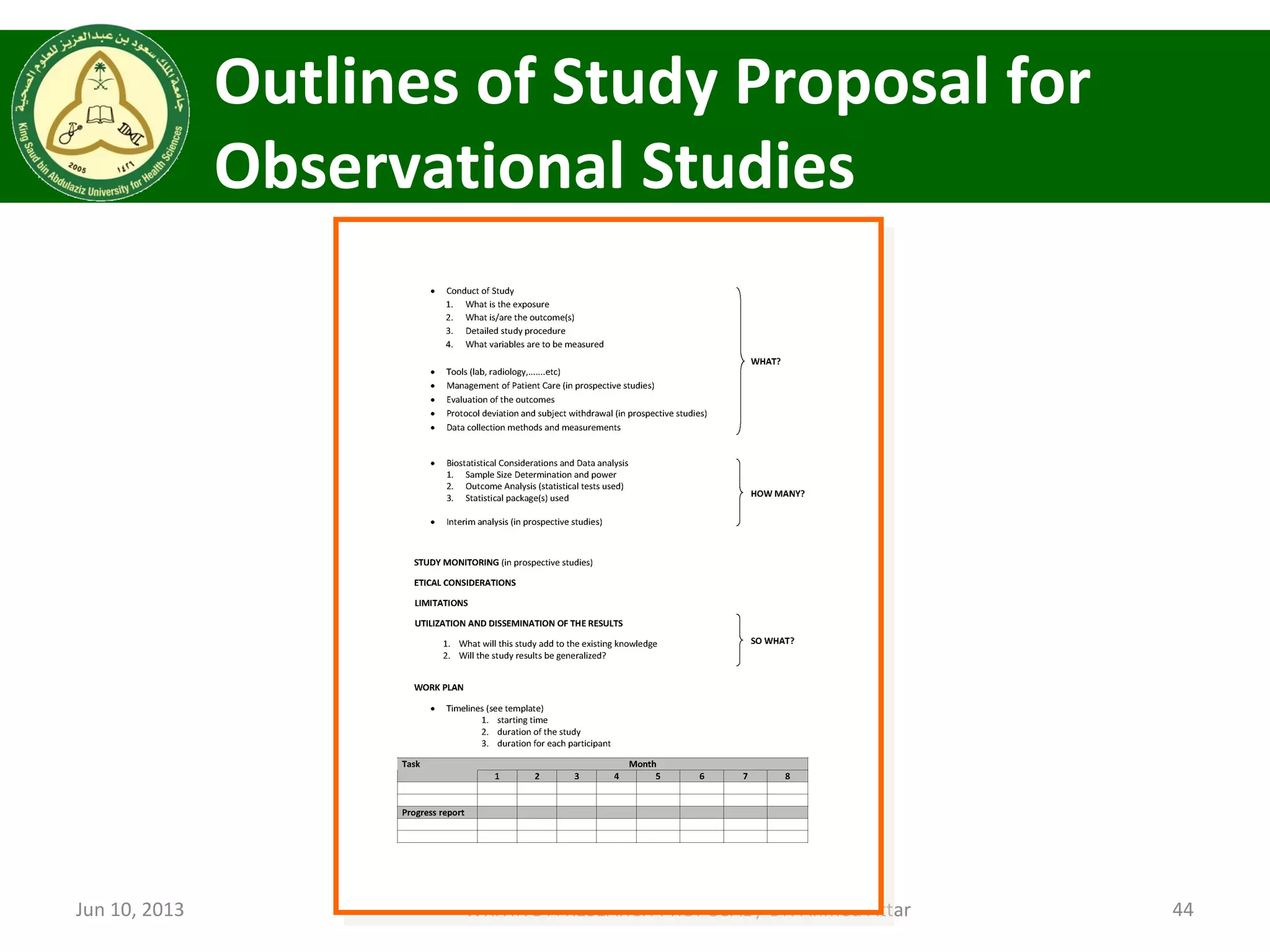Outlines of Study Proposal for
Observational Studies
Jun 10, 2013 44WRITING A RESEARCH PROPOSAL / Dr. Ahmed Attar
 