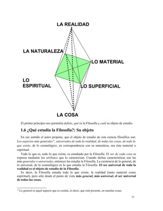 LA REALIDAD 
El primer principio nos permitirá definir, qué es la Filosofía y cuál su objeto de estudio. 
1.6 ¿Qué estudia la Filosofía?: Su objeto 
En ese sentido el autor propone, que el objeto de estudio de esta ciencia filosófica son: 
Los aspectos más generales13, universales de toda la realidad, de todas las cosas, de todo lo 
que existe, de lo cosmológico, en correspondencia con su naturaleza, sea ésta material o 
espiritual. 
Todo lo que es, todo lo que existe, es estudiado por la Filosofía. El ser de cada cosa se 
expresa mediante los atributos que lo caracterizan. Cuando dichas características son las 
más generales o universales, entonces las estudia la Filosofía. La existencia de lo general, de 
lo universal, de lo cosmológico es lo que estudia la Filosofía: El ser universal de toda la 
realidad es el objeto de estudio de la Filosofía. 
Es decir, la Filosofía estudia todo lo que existe, la realidad (tanto material como 
espiritual), pero sólo desde el punto de vista más general, más universal, el ser universal 
de todas las cosas. 
13 Lo general es aquel aspecto que es común, es decir, que está presente, en muchas cosas. 
13 
LA NATURALEZA 
LO MATERIAL 
LO SUPERFICIAL 
LA COSA 
LO 
ESPIRITUAL 
 