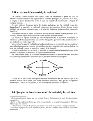 2.3La relación de lo material y lo espiritual 
La Filosofía, como cualquier otra ciencia, tiene un fundamento a partir del cual se 
infieren4 sus razonamientos más significativos, llamados principios. El principio es la base, 
el origen, la razón fundamental sobre la cual se procede al razonamiento o lógica de 
cualquier materia. 
El autor define5, formando parte del primer principio, que la realidad posee dos 
dimensiones6, la material y la espiritual, expresiones de naturaleza distinta de una misma 
realidad, que el autor puntualiza que es la relación dialéctica fundamental de naturaleza 
filosófica. 
Esta definición que en forma axiomática7 precisa el autor como el primer principio de la 
Filosofía, ha sido objeto de discusión en toda la historia de dicha ciencia. 
Lo material es aquella realidad que fundamentalmente no es espiritual; lo material se 
manifiesta y afecta directamente a los sentidos de aquellos que se vinculan con la misma y 
que mediante los cuales la percibe. 
Lo espiritual es aquella realidad que fundamentalmente no es material, que no puede ser 
apreciada directamente a través de los sentidos, sino que, teniendo existencia verdadera, en 
tanto que realidad, expresa su naturaleza a través de lo material. 
El espíritu es la interiorización de la realidad; la materialidad es la exteriorización de la 
realidad. Lo material se manifiesta, lo espiritual es su interior. 
Tal como hemos hecho en ocasiones anteriores estas ideas se pueden concretar mediante 
una fórmula que expresa las relaciones que se presentan entre estos conceptos: 
Materia 
Realidad Naturaleza 
Espíritu 
Lo real, no es sólo lo que usted puede apreciar directamente por sus sentidos, que es lo 
material; existen cosas reales, que tienen existencia verdadera, pero que no se aprecian 
directamente a través de los sentidos, a esta realidad se le denomina lo espiritual. 
1.4 Ejemplos de las relaciones entre lo material y lo espiritual 
4 Inferir, procedimiento lógico que nos permite llegar a formulaciones a partir de determinados 
presupuestos. 
5 Definir es el procedimiento lógico que ubica lo que se define en un genérico y después lo diferencia 
del concepto más cercano. 
6 La dimensión es la manera de apreciar, una misma cosa, desde una posición o enfoque particular. 
7 El axioma es la proposición, que se infiere de la práctica, tan clara y evidente que se admite sin necesidad de 
demostración. 
7 
 