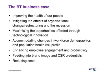 The BT business case Improving the health of our people Mitigating the effects of organisational change/restructuring and the recession Maximising the opportunities afforded through technological innovation Accommodating changes in workforce demographics and population health risk profile Enhancing employee engagement and productivity Feeding into brand image and CSR credentials Reducing costs 