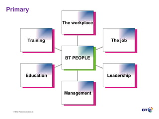 Primary Training Education Management Leadership The job The workplace BT PEOPLE 