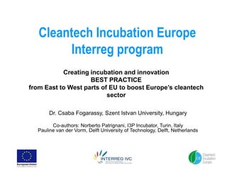 Cleantech Incubation Europe
        Interreg program
           Creating incubation and innovation
                    BEST PRACTICE
from East to West parts of EU to boost Europe’s cleantech
                          sector

       Dr. Csaba Fogarassy, Szent Istvan University, Hungary

        Co-authors: Norberto Patrignani, I3P Incubator, Turin, Italy
  Pauline van der Vorm, Delft University of Technology, Delft, Netherlands
 