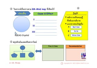 3 วิเคราะหเรื่องราวตาม KM-Mind   map   ที่เขียนไว                           4
              ประเด็น         Cause & Effect                           Soln
                                                                หลักการหรือทฤษฎีฎ
                         I
                                                                ที่หยิบมาอธิบาย
                                                                แนวทางของโซลูชั่น
                        II
                                                                 A       Best Case


                        III                                      B        So So


        iDEAS Crystal                                            C      Worse Case




5 สรปดวยโมเดลหรือพาราไดม
  สรุปดวยโมเดลหรอพาราไดม
                                          Pros & Cons                Recommendation




ดร. ดนัย เทียนพุฒ                                       C copyright 2010 DNT CONSULTANTS Co.,Ltd.
 