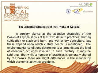 The Adaptive Strategies of the I’waks of Kayapa

       A cursory glance at the adaptive strategies of the
I’waks of Kayapa shows at least two definite practices: shifting
cultivation or slash and burn, and wet or dry agriculture, but
these depend upon which culture center is mentioned. The
environmental conditions determine to a large extent the kind
of economic activities involved in each territory. It may be
said thus, that while a number of practices is generally shared
by the I’waks, there are slight differences in the manner by
which economic activities are done.
 