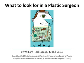 What 
to 
look 
for 
in 
a 
Plas/c 
Surgeon 
By 
William 
F. 
DeLuca 
Jr., 
M.D. 
F.A.C.S 
Board 
Cer9fied 
Plas9c 
Surgeon 
and 
Member 
of 
the 
American 
Society 
of 
Plas9c 
Surgeons 
(ASPS) 
and 
American 
Society 
of 
Aesthe9c 
Plas9c 
Surgeons 
(ASAPS) 
 