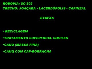 RODOVIA: SC-303 TRECHO: JOAÇABA - LACERDÓPOLIS - CAPINZAL ETAPAS RECICLAGEM TRATAMENTO SUPERFICIAL SIMPLES CAUQ (MASSA FINA) CAUQ COM CAP-BORRACHA 
