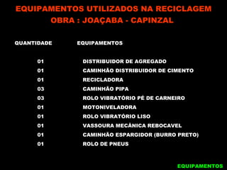 EQUIPAMENTOS UTILIZADOS NA RECICLAGEM OBRA : JOAÇABA - CAPINZAL   QUANTIDADE  EQUIPAMENTOS 01 DISTRIBUIDOR DE AGREGADO  01 CAMINHÃO DISTRIBUIDOR DE CIMENTO 01 RECICLADORA 03 CAMINHÃO PIPA 03 ROLO VIBRATÓRIO PÉ DE CARNEIRO 01 MOTONIVELADORA 01 ROLO VIBRATÓRIO LISO 01  VASSOURA MECÂNICA REBOCAVEL 01 CAMINHÃO ESPARGIDOR (BURRO PRETO) 01 ROLO DE PNEUS EQUIPAMENTOS 