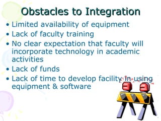 Obstacles to Integration Limited availability of equipment Lack of faculty training No clear expectation that faculty will incorporate technology in academic activities Lack of funds Lack of time to develop facility in using equipment & software 