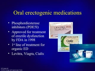 Oral erectogenic medications Phosphordiesterase inhibitors (PDE5I) Approved for treatment of erectile dysfunction by FDA in 1998 1 st  line of treatment for organic ED Levitra, Viagra, Cialis 