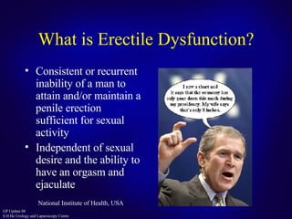 What is Erectile Dysfunction? Consistent or recurrent inability of a man to attain and/or maintain a penile erection sufficient for sexual activity Independent of sexual desire and the ability to have an orgasm and ejaculate National Institute of Health, USA 
