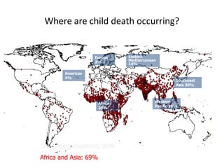 Where are child death occurring?Eastern Mediterranean 14%Europe 2%Americas  4%Southeast Asia 30%Western Pacific 10%Africa  39%Developing countries: 99%Africa and Asia: 69%