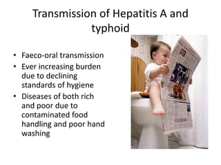 Transmission of Hepatitis A and typhoid Faeco-oral transmissionEver increasing burden due to declining standards of hygieneDiseases of both rich and poor due to contaminated food handling and poor hand washing  