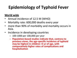 Epidemiology of Typhoid FeverWorld wideAnnual incidence of 12.5 M (WHO)Mortality rate: 600,000 deaths every year more than 90% of morbidity and mortality occurs in Asia. Incidence in developing countries100-1000 per 100,000 per yearPopulation-based studies indicate that, contrary to previous views, the age-specific incidence of typhoid may be highest in children <5 yr of age, with comparatively higher rates of complications and hospitalization 