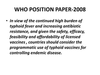 Treatment of enteric feverChoosing the right empirical therapy is problematic and controversialIncreasing incidence of multiresistance to chloramphenicol Ampicillin and TMP- SMX in 49-83% of salmonella typhi is being reported from India Resistant strains are usually susceptible to third generation cephalosporinsQuinolones are not to be used as first line