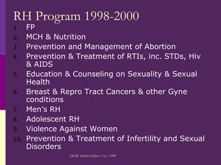 RH Program 1998-2000 FP MCH & Nutrition Prevention and Management of Abortion Prevention & Treatment of RTIs, inc. STDs, Hiv & AIDS Education & Counseling on Sexuality & Sexual Health Breast & Repro Tract Cancers & other Gyne conditions Men’s RH Adolescent RH Violence Against Women Prevention & Treatment of Infertility and Sexual Disorders DOH Admin Order 1-A, s 1998 