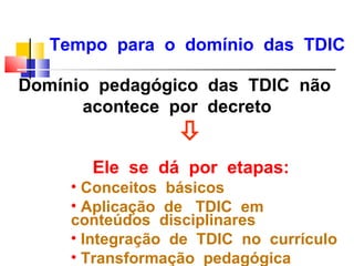 Tempo para o domínio das TDIC

Domínio pedagógico das TDIC não
      acontece por decreto
                  
       Ele se dá por etapas:
     • Conceitos básicos
     • Aplicação de TDIC em
     conteúdos disciplinares
     • Integração de TDIC no currículo
     • Transformação pedagógica
 