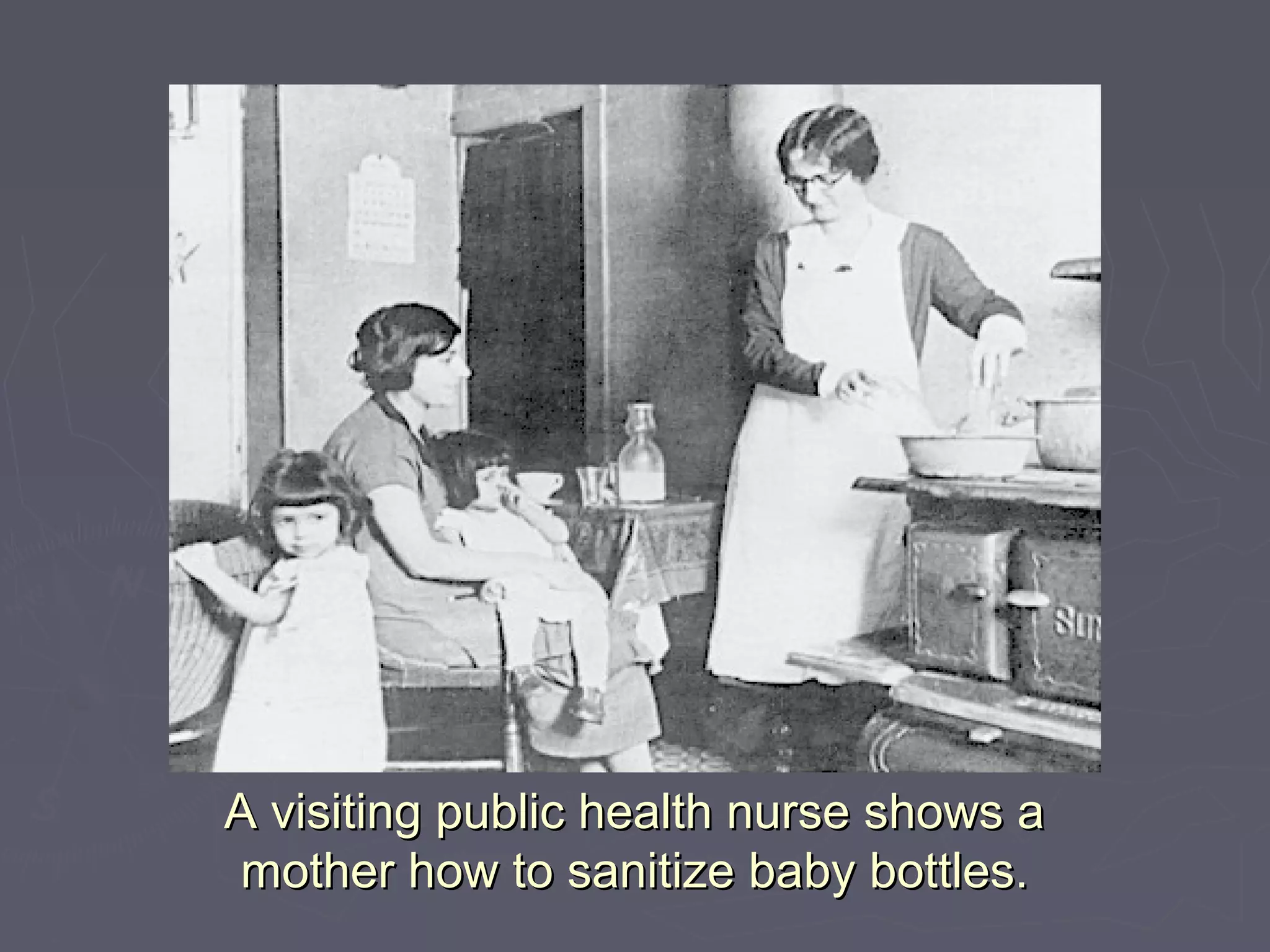 A visiting public health nurse shows aA visiting public health nurse shows a
mother how to sanitize baby bottles.mother how to sanitize baby bottles.
 